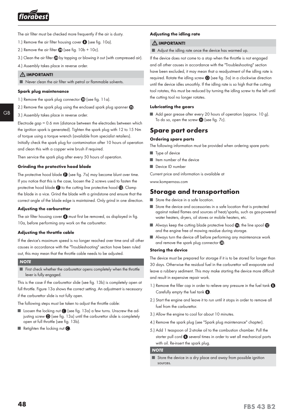 Spare part orders, Storage and transportation | Florabest FBS 43 B2 User Manual | Page 53 / 56