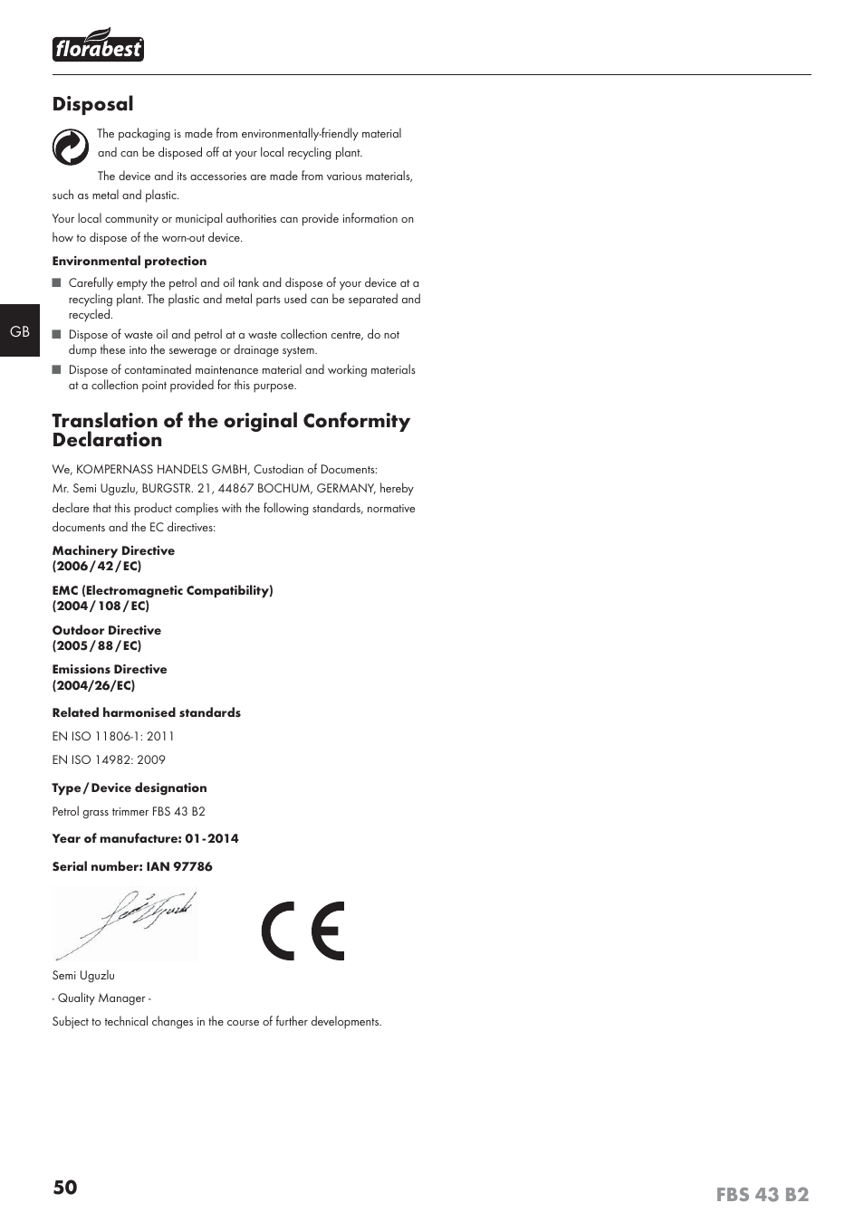 Disposal, Translation of the original conformity declaration | Florabest FBS 43 B2 User Manual | Page 55 / 56