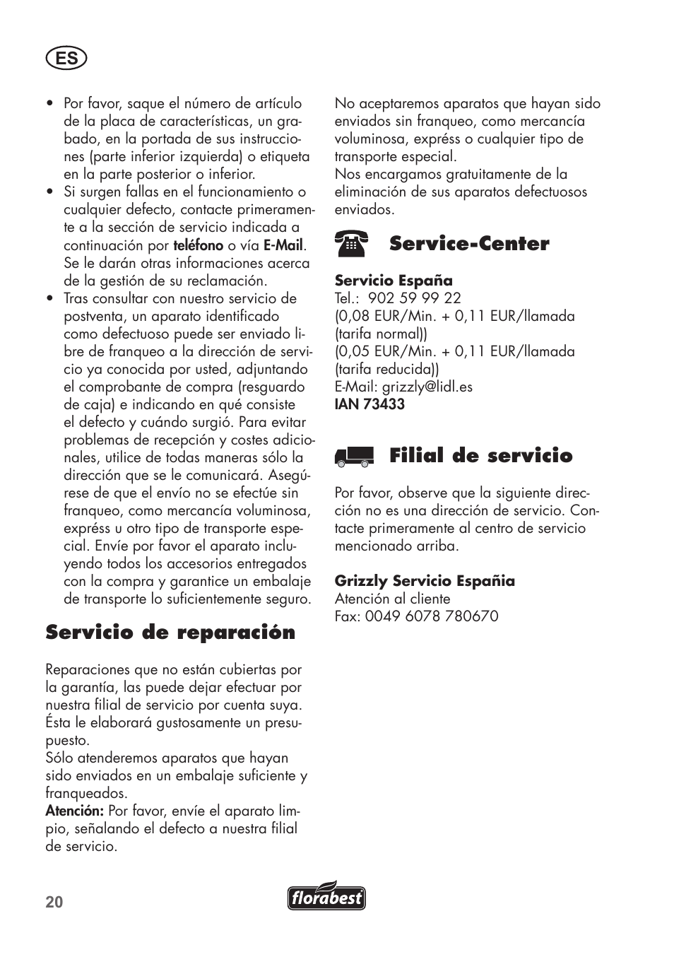 Servicio de reparación, Service-center, Filial de servicio | Florabest FHE 550 B2 User Manual | Page 20 / 76