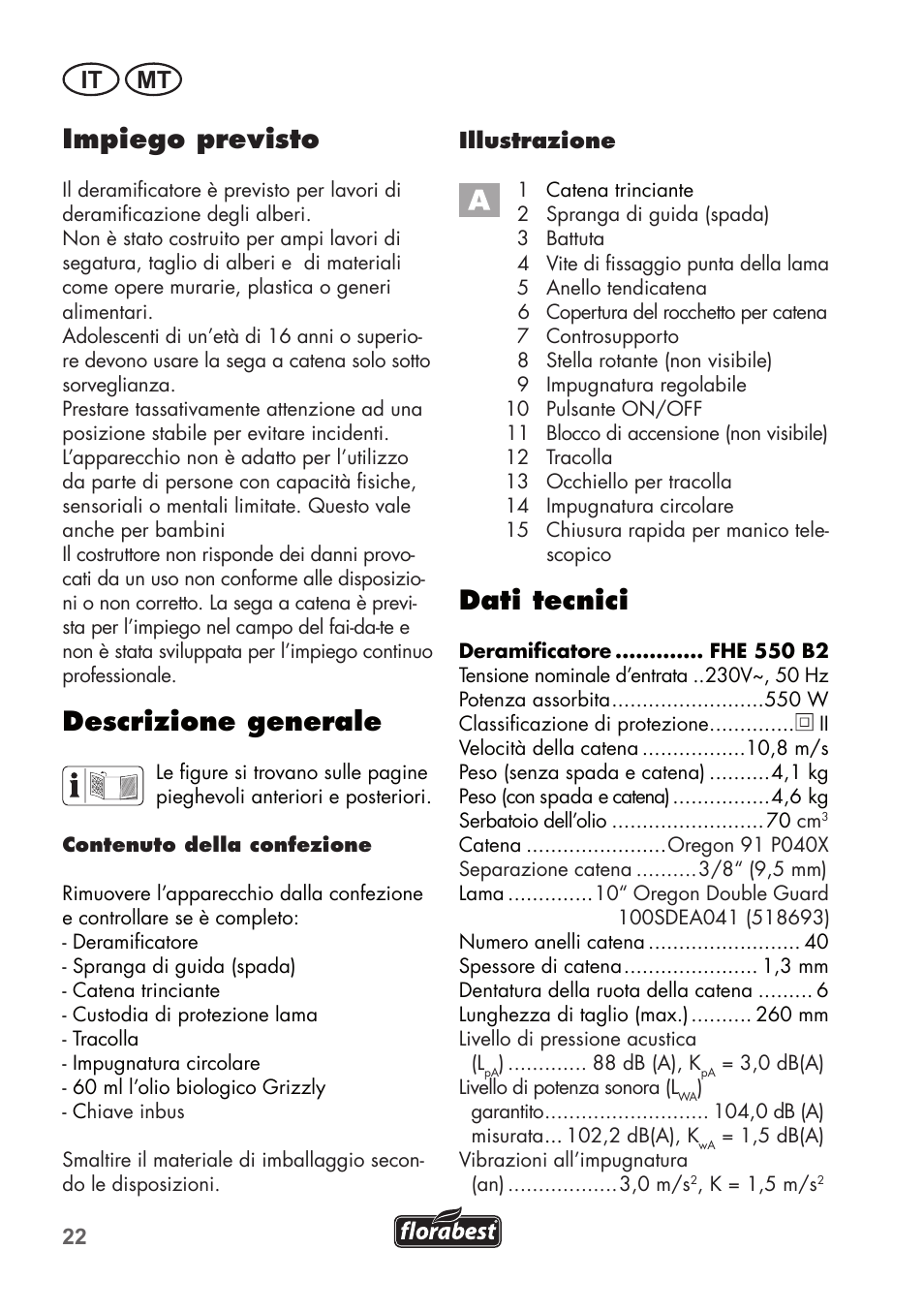 Impiego previsto, Descrizione generale, Dati tecnici | It mt | Florabest FHE 550 B2 User Manual | Page 22 / 76