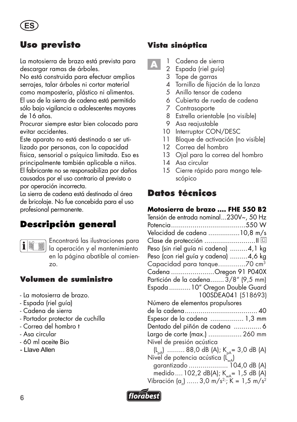 Uso previsto, Descripción general, Datos técnicos | Florabest FHE 550 B2 User Manual | Page 6 / 76
