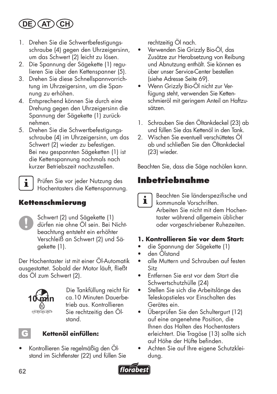 10 min, Inbetriebnahme, De at ch | Florabest FHE 550 B2 User Manual | Page 62 / 76