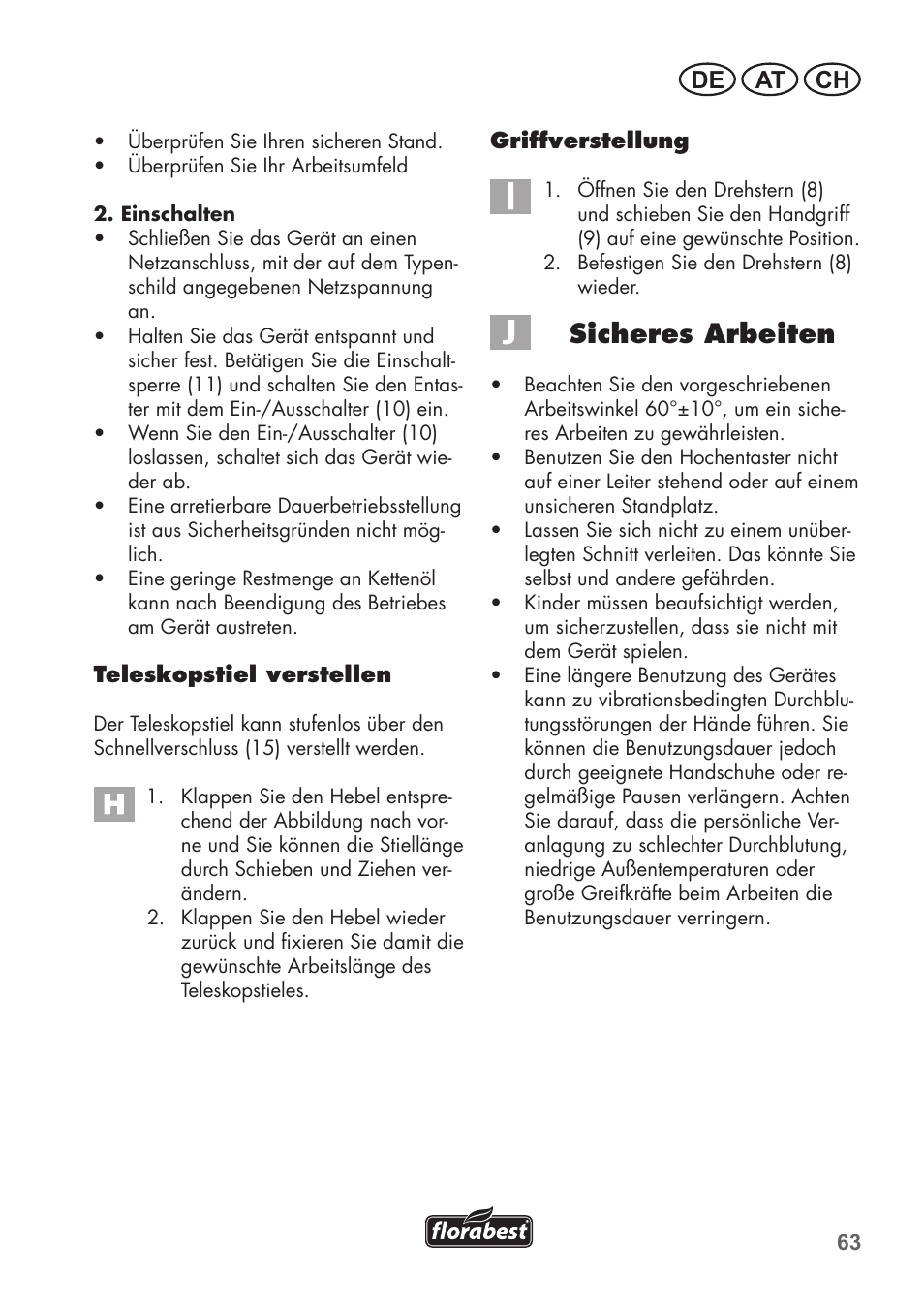 Sicheres arbeiten, De at ch | Florabest FHE 550 B2 User Manual | Page 63 / 76