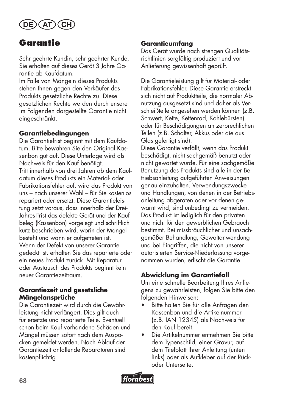 Garantie, De at ch | Florabest FHE 550 B2 User Manual | Page 68 / 76