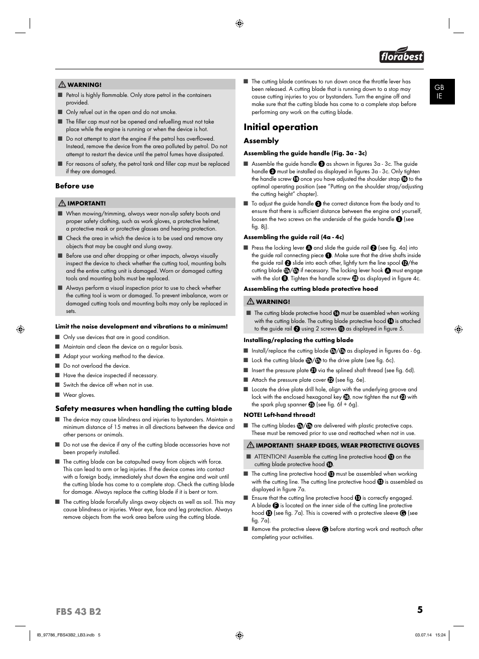 5fbs 43 b2, Initial operation | Florabest FBS 43 B2 User Manual | Page 10 / 76