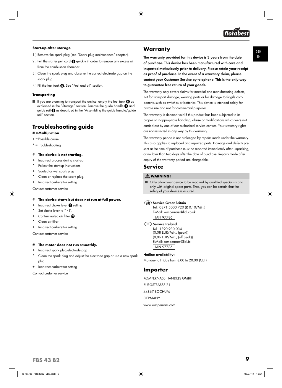 9fbs 43 b2, Troubleshooting guide, Warranty | Service, Importer | Florabest FBS 43 B2 User Manual | Page 14 / 76