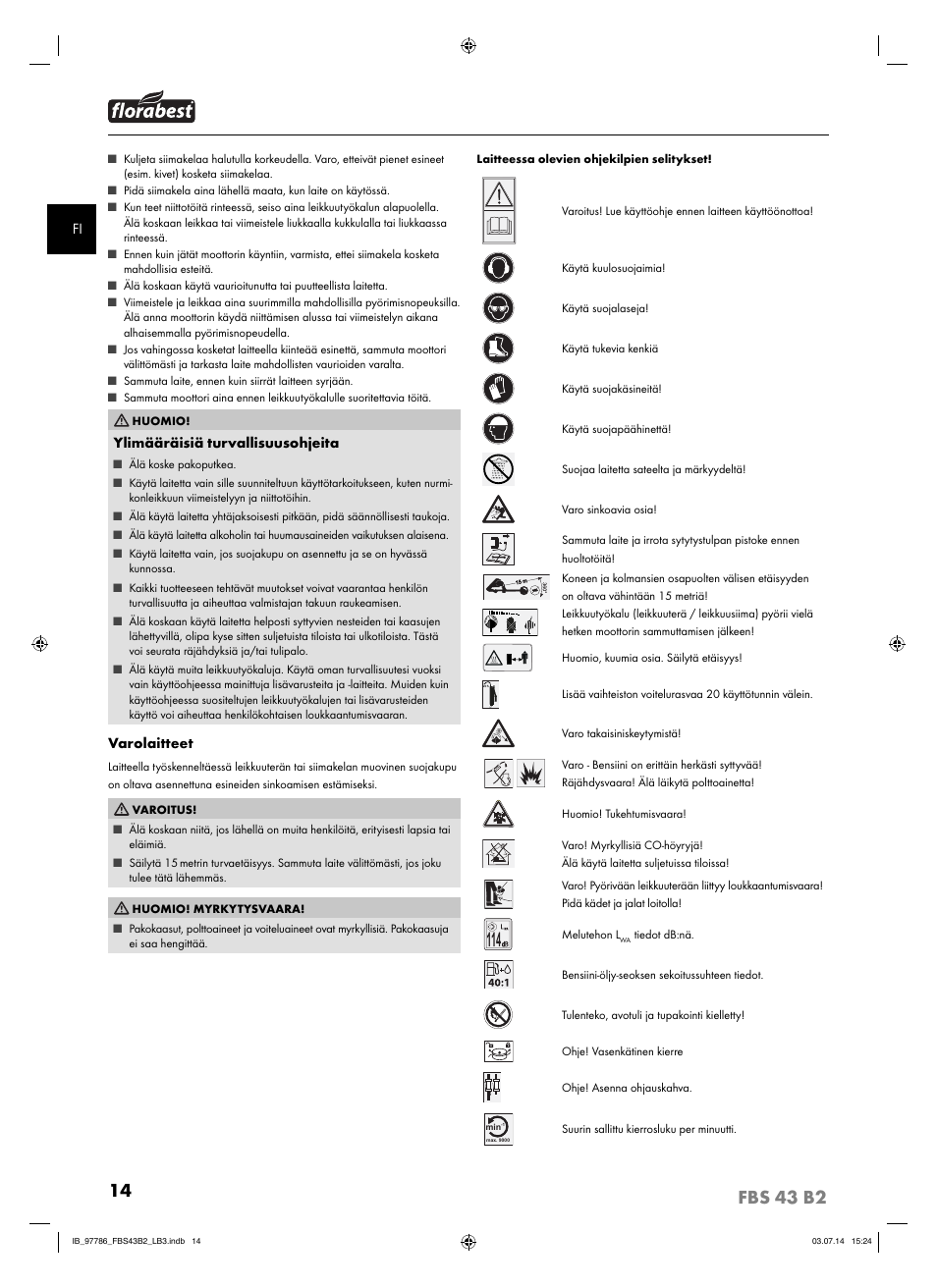 Ylimääräisiä turvallisuusohjeita, Varolaitteet | Florabest FBS 43 B2 User Manual | Page 19 / 76