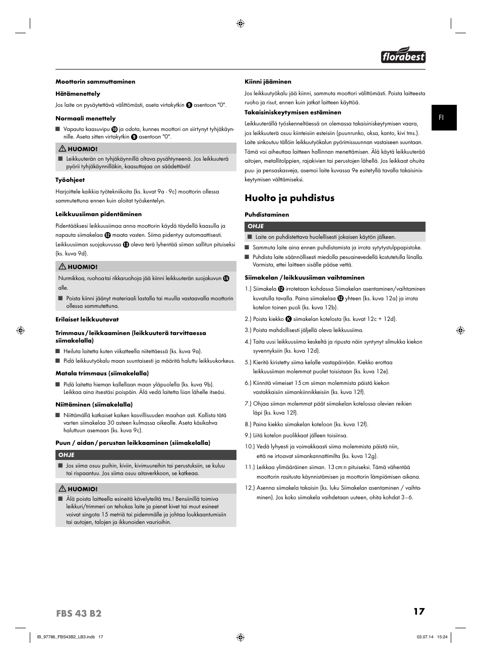 Huolto ja puhdistus | Florabest FBS 43 B2 User Manual | Page 22 / 76