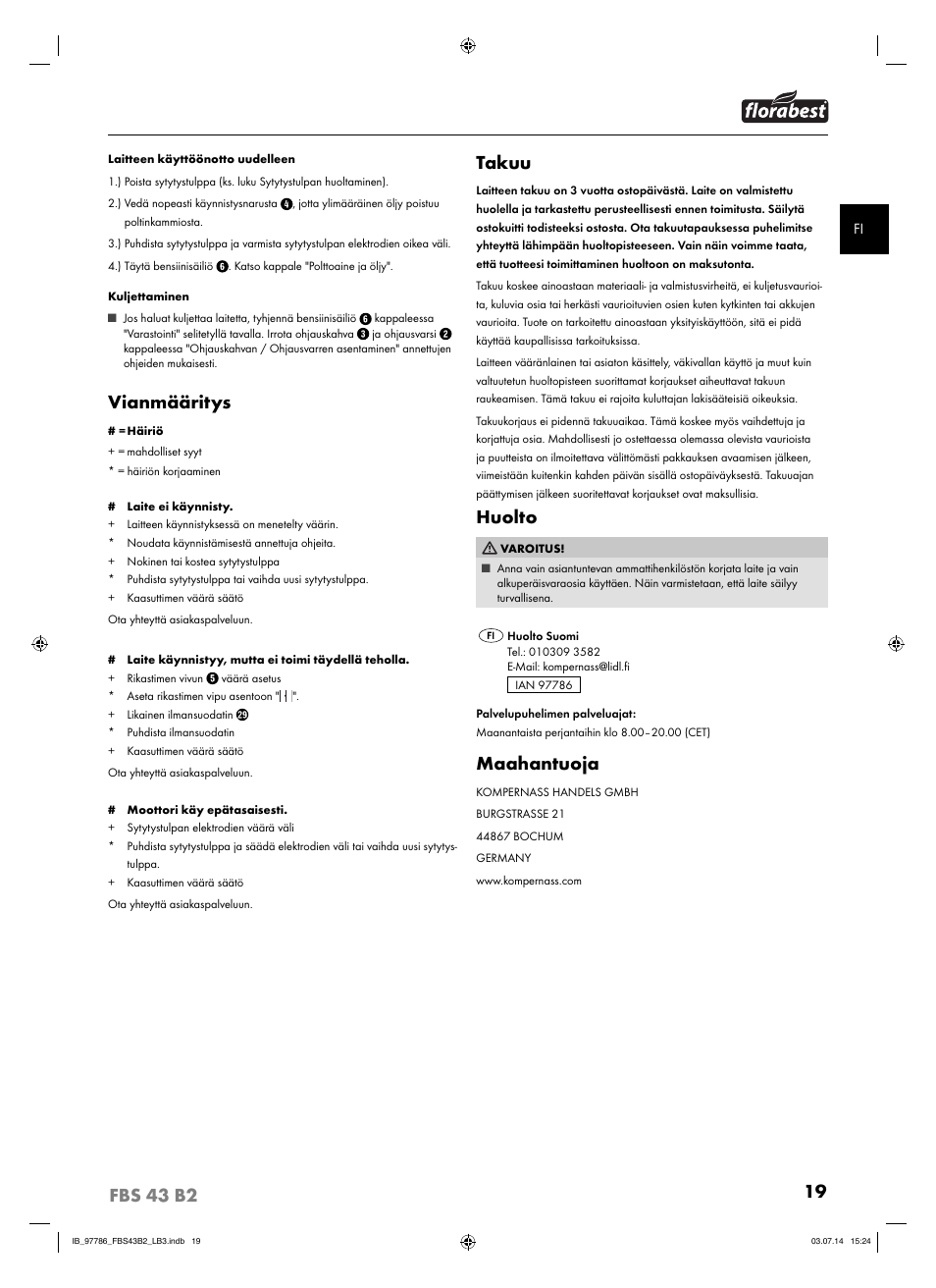 Vianmääritys, Takuu, Huolto | Maahantuoja | Florabest FBS 43 B2 User Manual | Page 24 / 76
