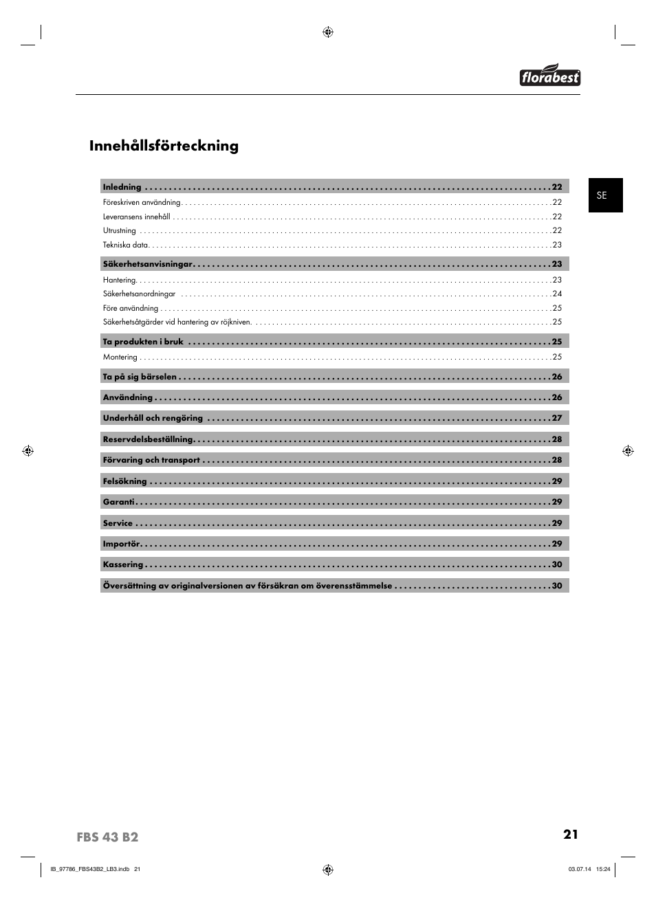 Innehållsförteckning | Florabest FBS 43 B2 User Manual | Page 26 / 76