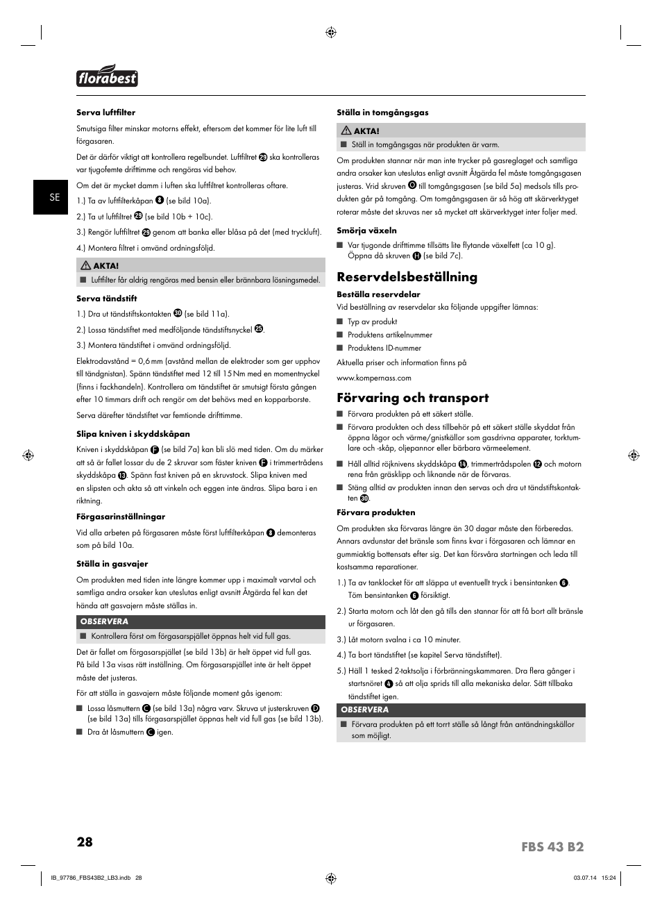 Reservdelsbeställning, Förvaring och transport | Florabest FBS 43 B2 User Manual | Page 33 / 76