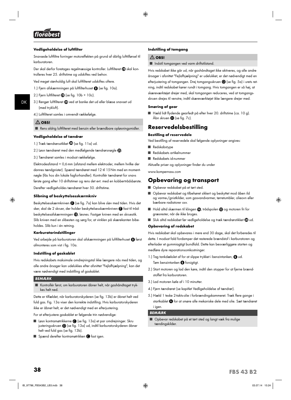 Reservedelsbestilling, Opbevaring og transport | Florabest FBS 43 B2 User Manual | Page 43 / 76