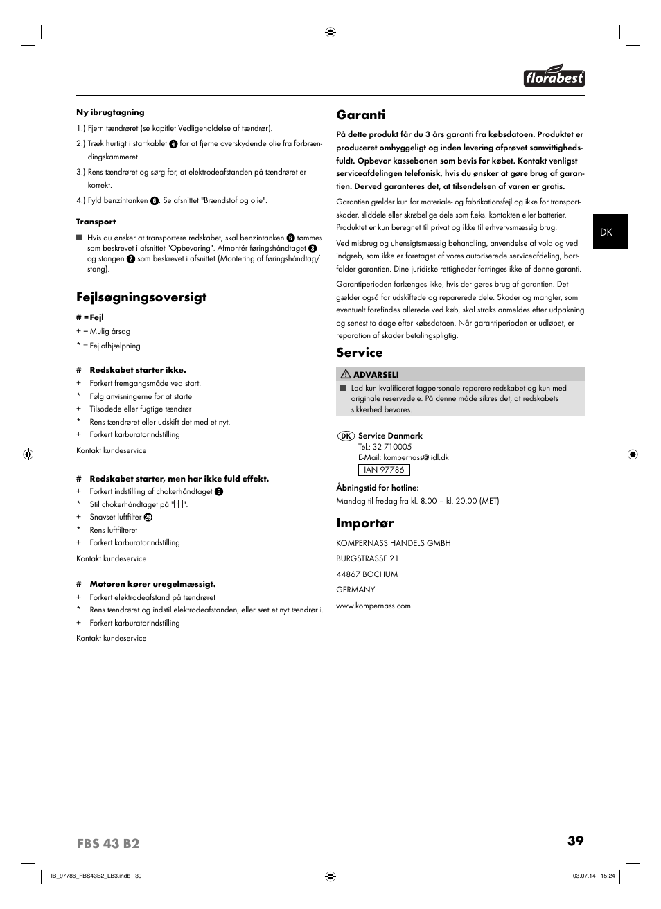 Fejlsøgningsoversigt, Garanti, Service | Importør | Florabest FBS 43 B2 User Manual | Page 44 / 76