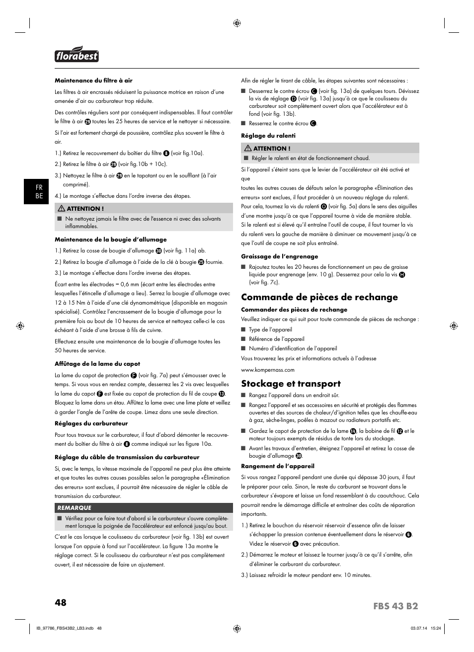 Commande de pièces de rechange, Stockage et transport | Florabest FBS 43 B2 User Manual | Page 53 / 76