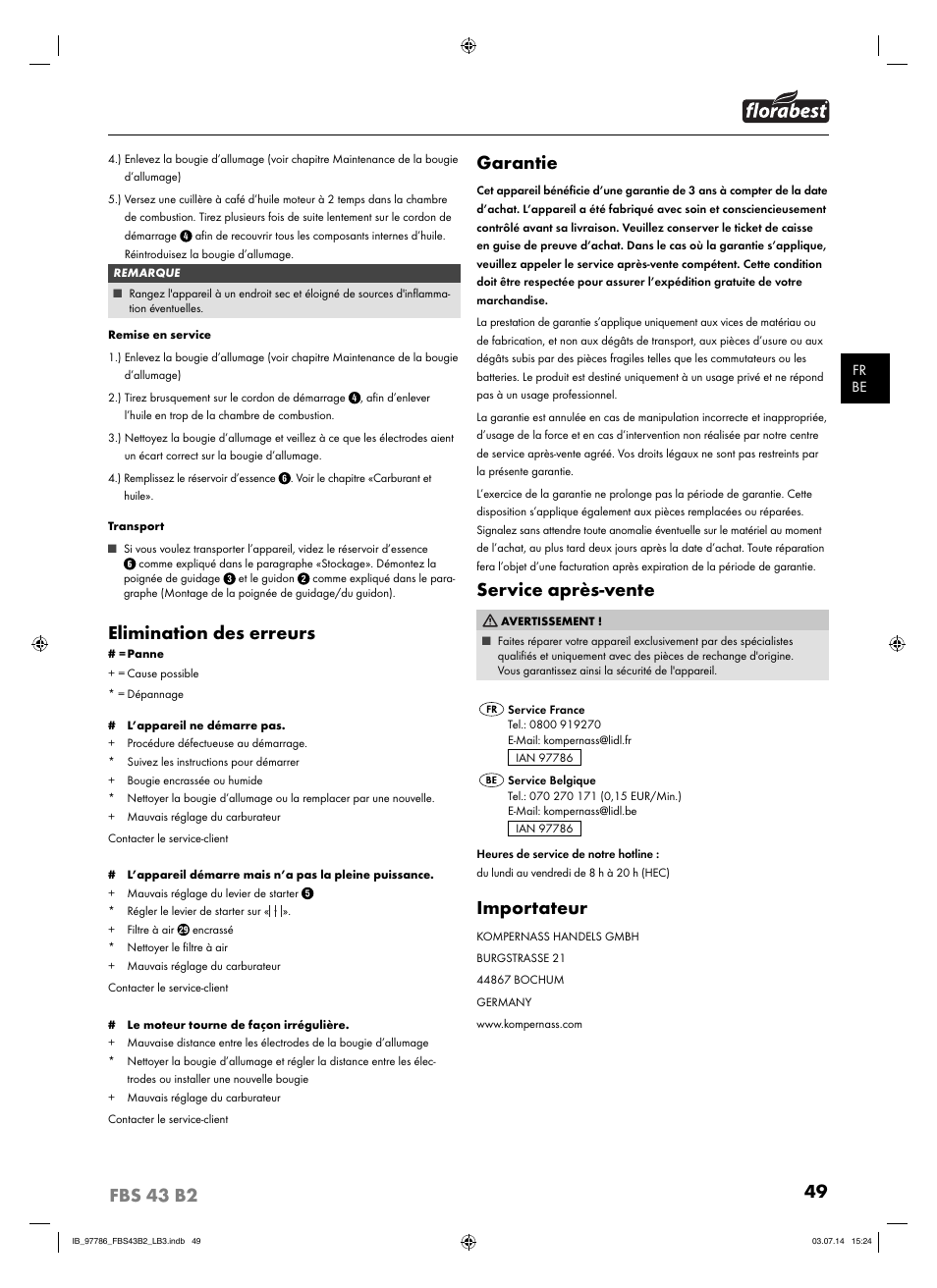 Elimination des erreurs, Garantie, Service après-vente | Importateur | Florabest FBS 43 B2 User Manual | Page 54 / 76