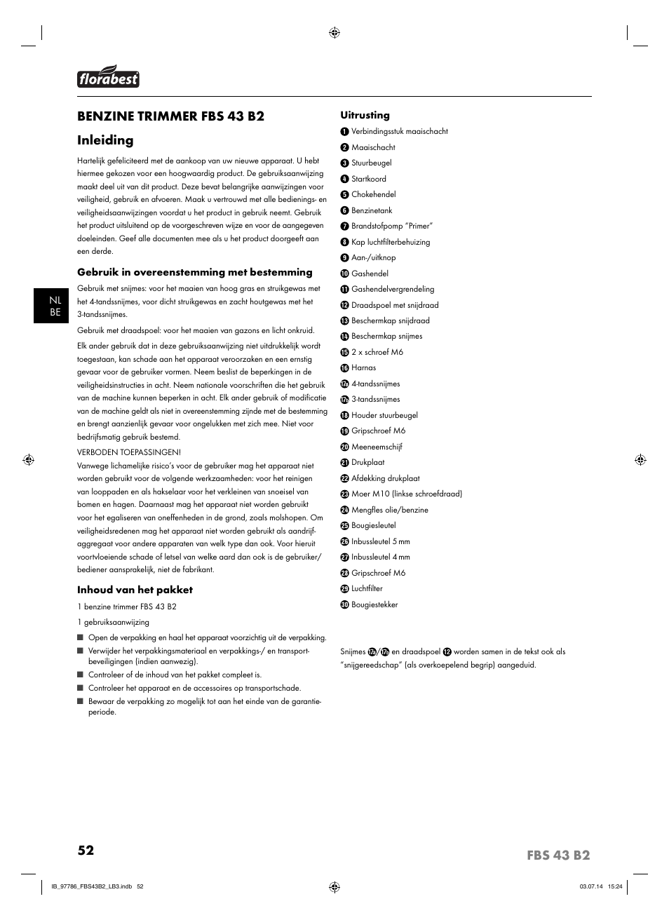 Benzine trimmer fbs 43 b2 inleiding | Florabest FBS 43 B2 User Manual | Page 57 / 76