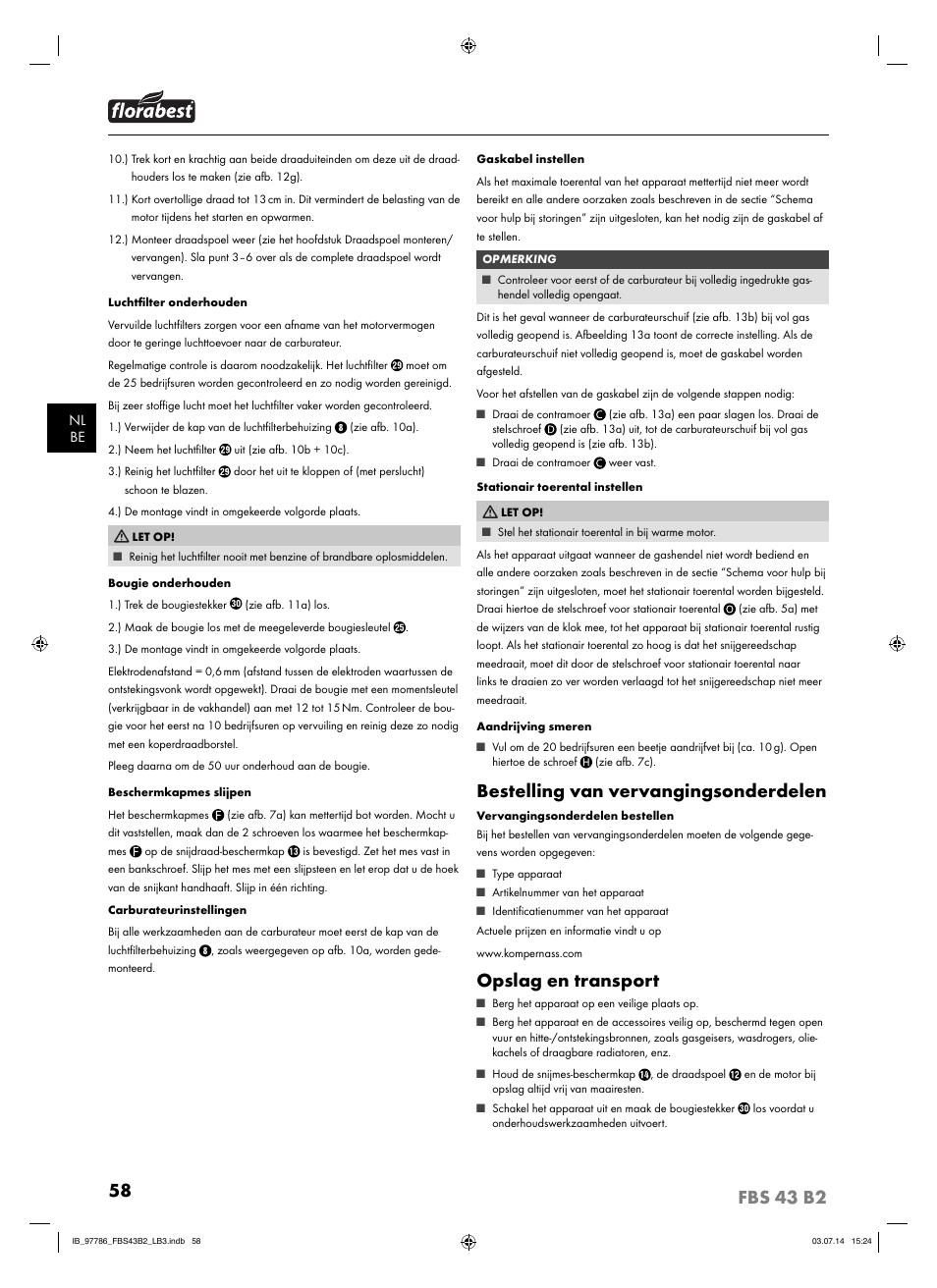 Bestelling van vervangingsonderdelen, Opslag en transport | Florabest FBS 43 B2 User Manual | Page 63 / 76