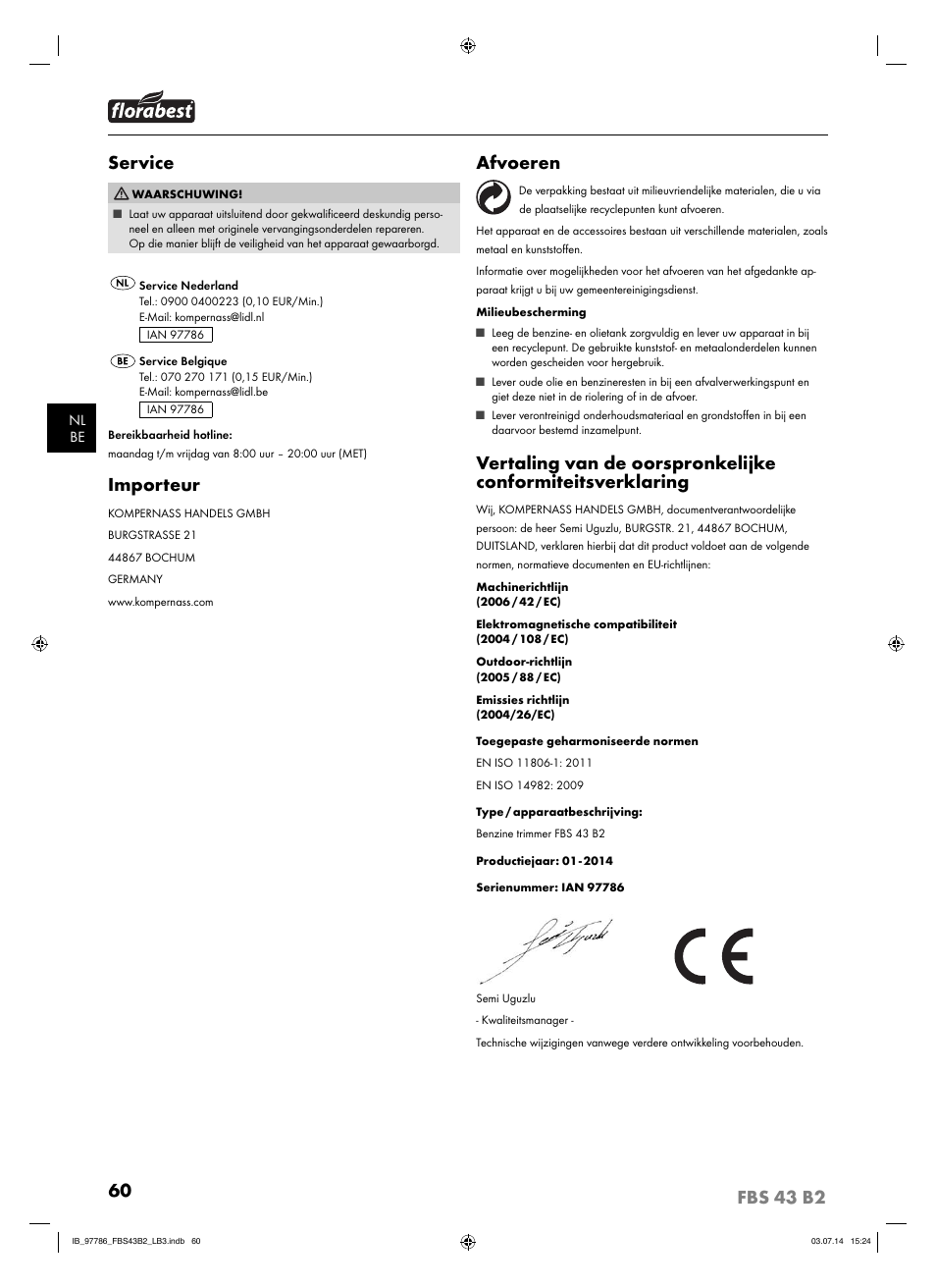 Service, Importeur, Afvoeren | Florabest FBS 43 B2 User Manual | Page 65 / 76