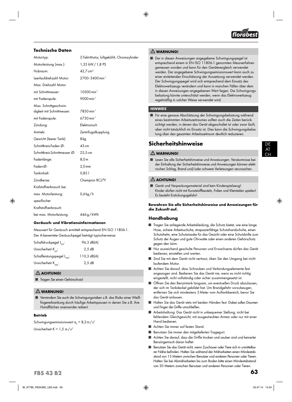 Sicherheitshinweise | Florabest FBS 43 B2 User Manual | Page 68 / 76