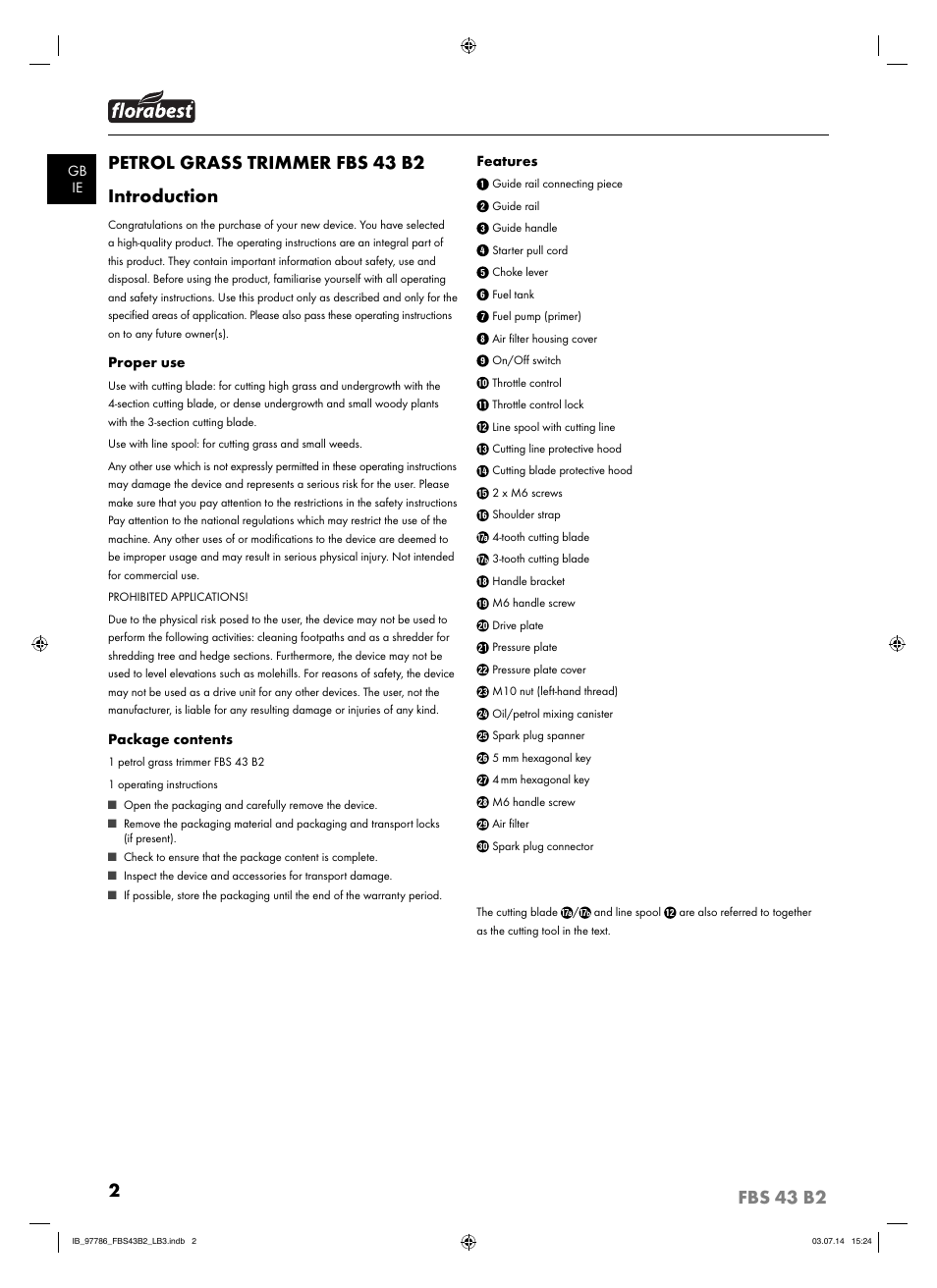 2fbs 43 b2, Petrol grass trimmer fbs 43 b2 introduction | Florabest FBS 43 B2 User Manual | Page 7 / 76