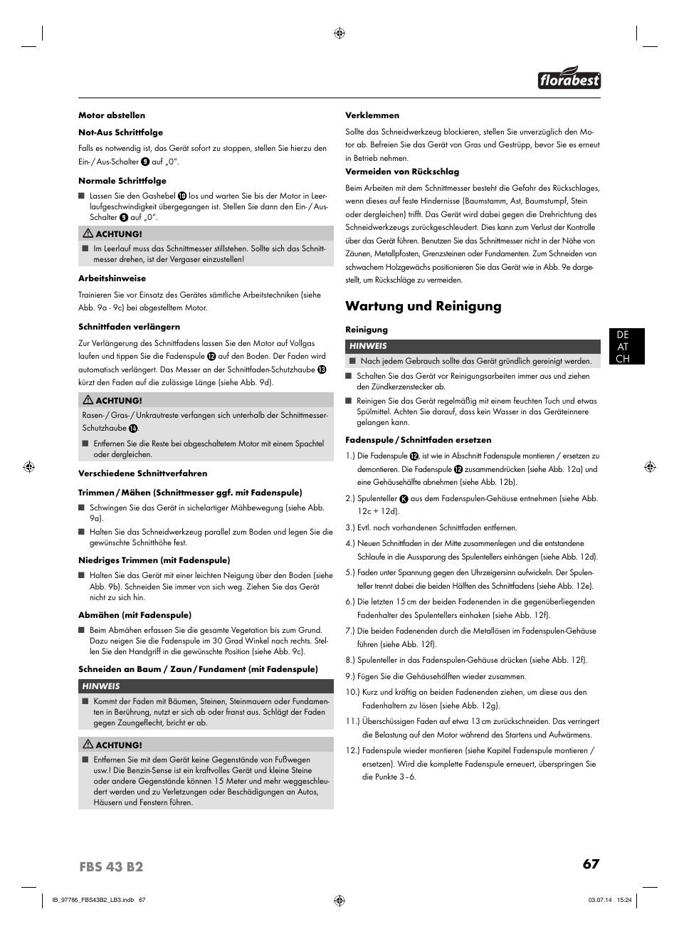 Wartung und reinigung | Florabest FBS 43 B2 User Manual | Page 72 / 76