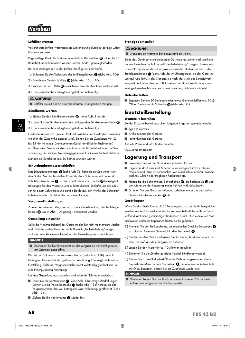 Ersatzteilbestellung, Lagerung und transport | Florabest FBS 43 B2 User Manual | Page 73 / 76