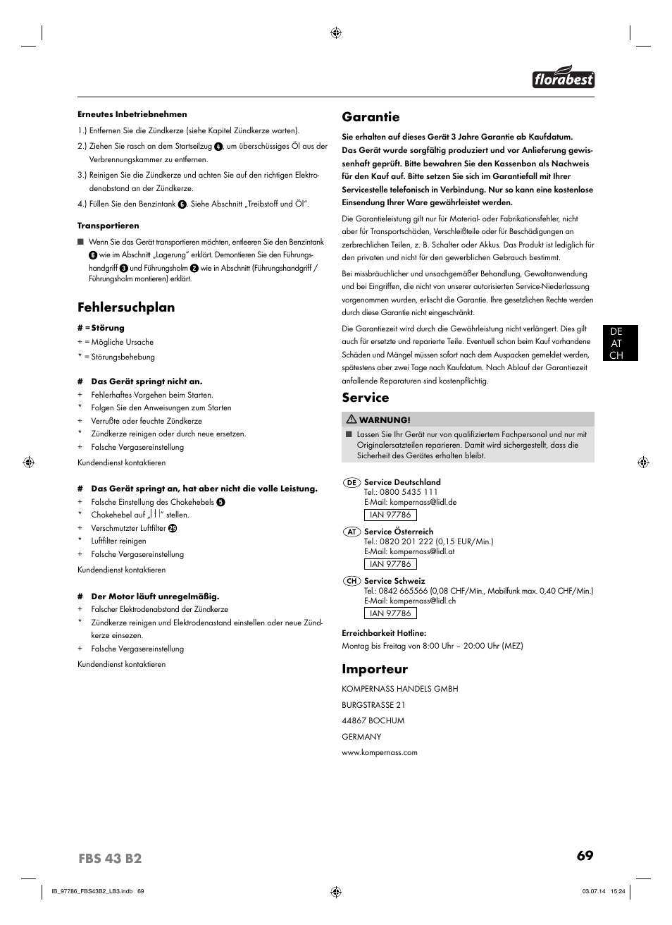 Fehlersuchplan, Garantie, Service | Importeur | Florabest FBS 43 B2 User Manual | Page 74 / 76