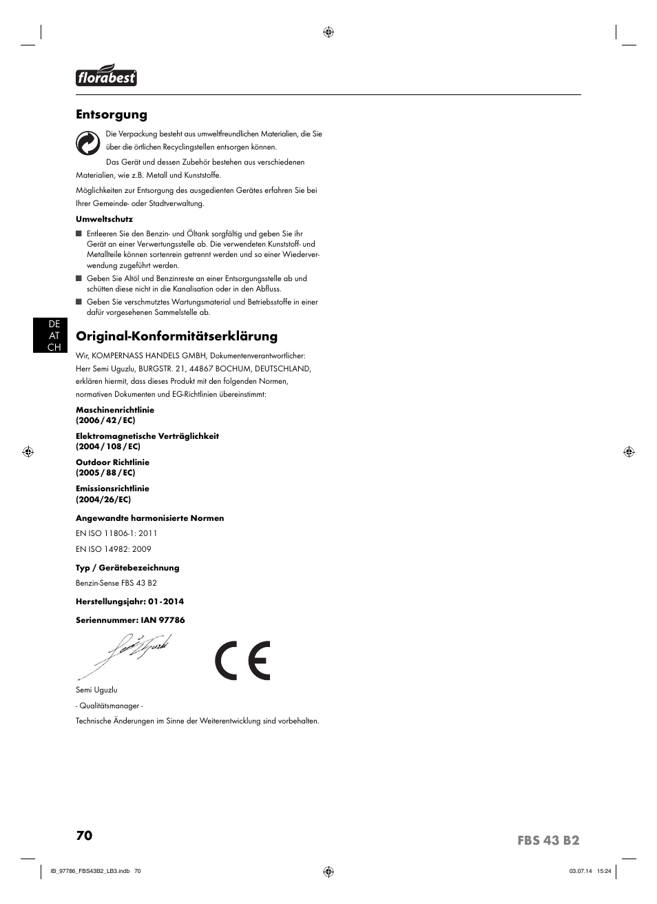 Entsorgung, Original-konformitätserklärung | Florabest FBS 43 B2 User Manual | Page 75 / 76