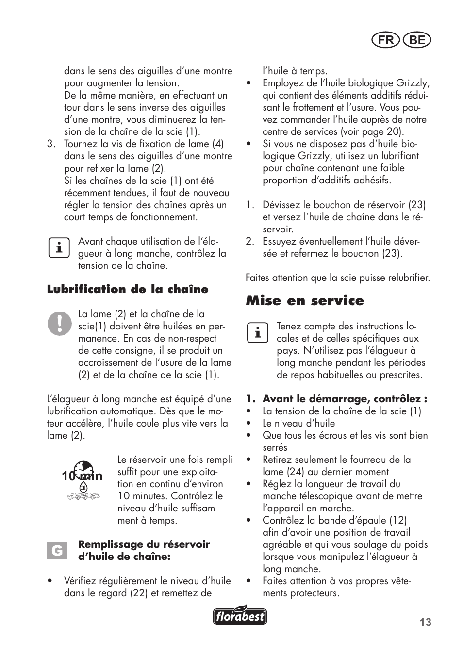 Mise en service, 10 min, Fr be | Florabest FHE 550 B2 User Manual | Page 13 / 76