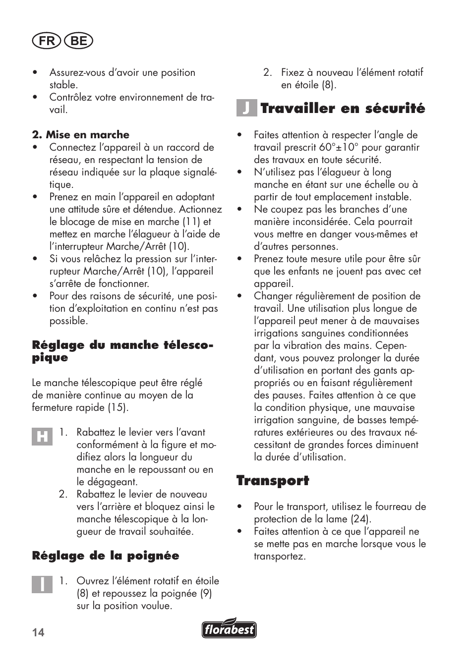 Travailler en sécurité, Transport, Fr be | Florabest FHE 550 B2 User Manual | Page 14 / 76