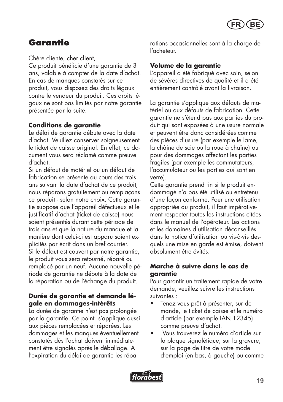 Garantie, Fr be | Florabest FHE 550 B2 User Manual | Page 19 / 76
