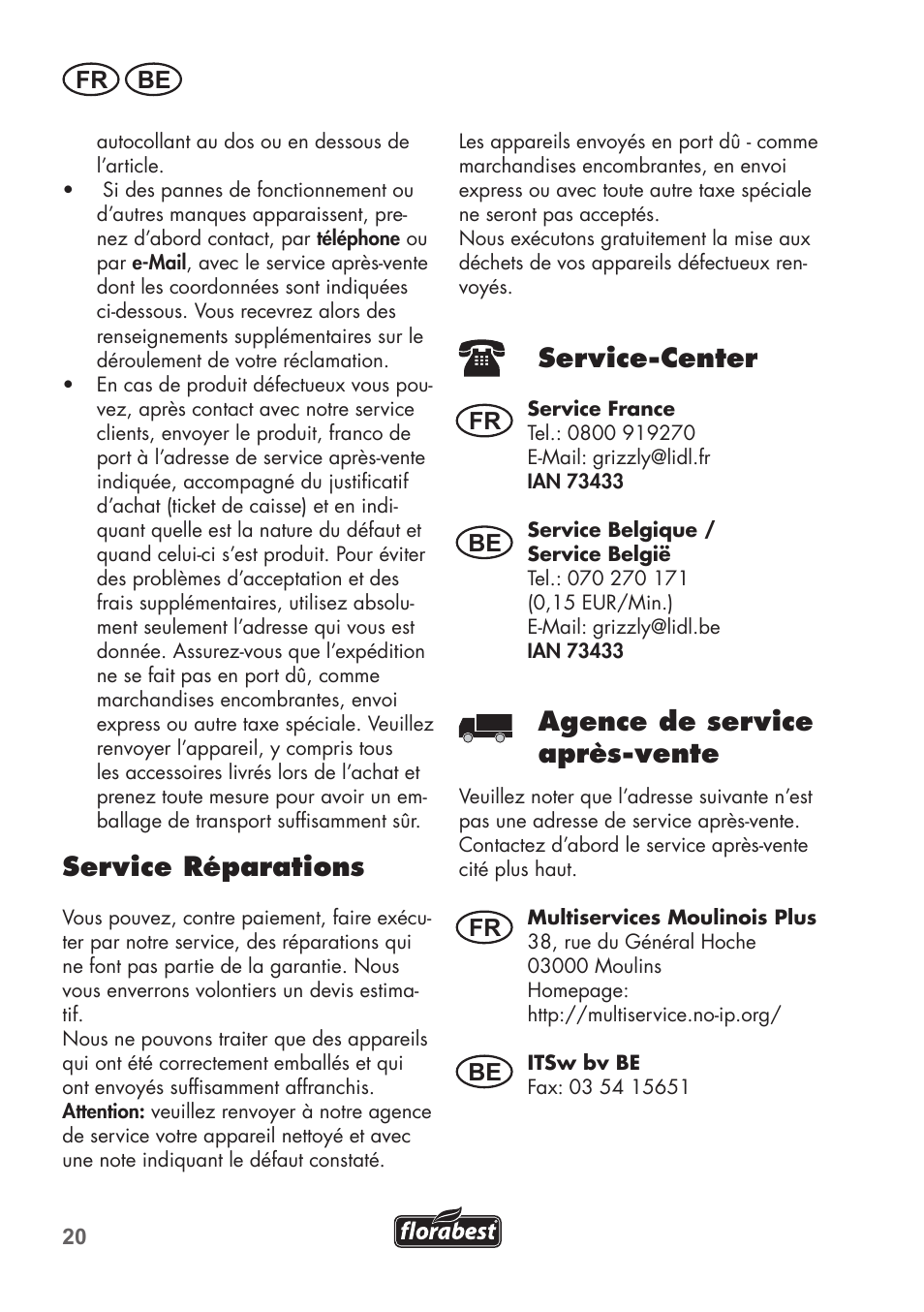 Service réparations, Service-center, Agence de service après-vente | Fr be, Fr be be | Florabest FHE 550 B2 User Manual | Page 20 / 76