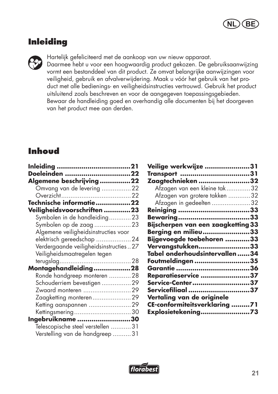 Inleiding, Inhoud, Be nl | Florabest FHE 550 B2 User Manual | Page 21 / 76