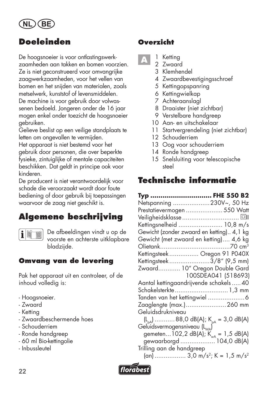 Doeleinden, Algemene beschrijving, Technische informatie | Nl be | Florabest FHE 550 B2 User Manual | Page 22 / 76