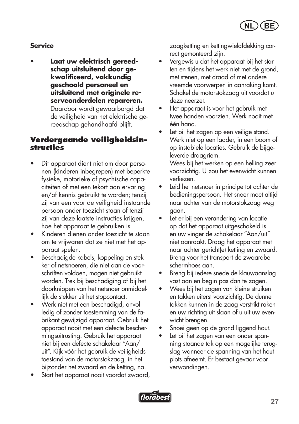 Be nl | Florabest FHE 550 B2 User Manual | Page 27 / 76