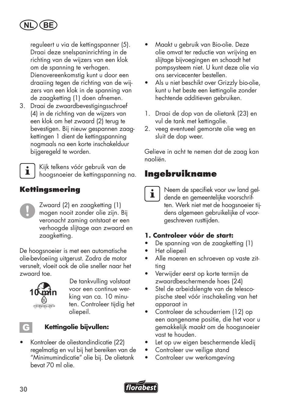 10 min, Ingebruikname, Nl be | Florabest FHE 550 B2 User Manual | Page 30 / 76
