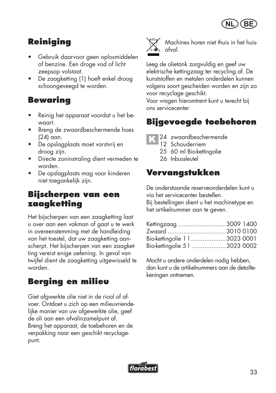 Reiniging, Bewaring, Bijscherpen van een zaagketting | Berging en milieu, Bijgevoegde toebehoren, Vervangstukken, Be nl | Florabest FHE 550 B2 User Manual | Page 33 / 76