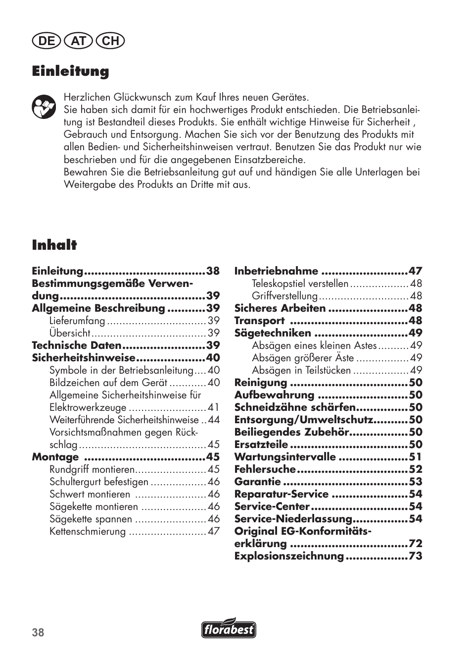 Inhalt, Einleitung, De at ch | Florabest FHE 550 B2 User Manual | Page 38 / 76
