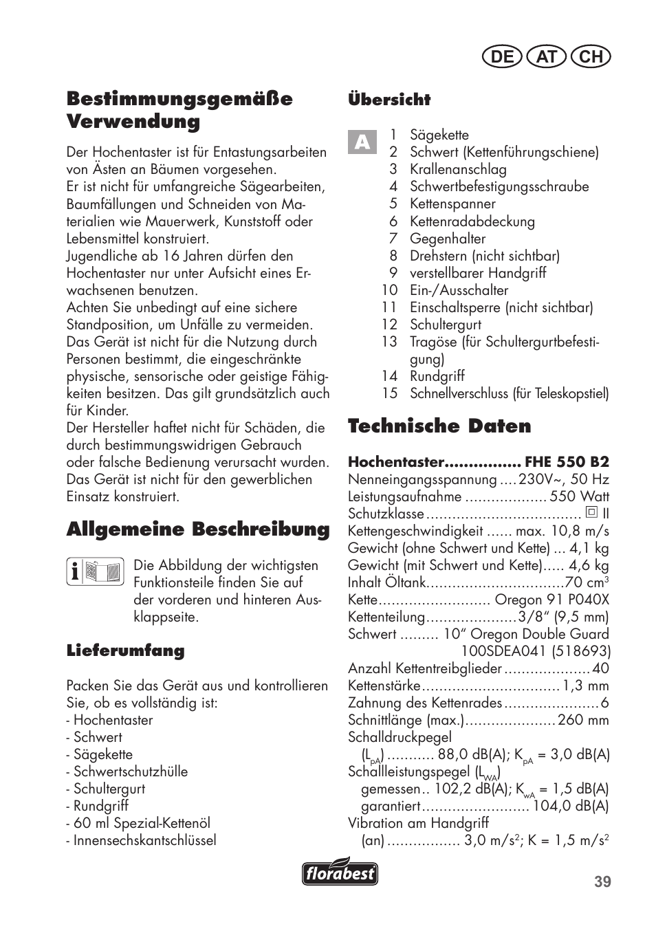 Bestimmungsgemäße verwendung, Allgemeine beschreibung, Technische daten | De at ch | Florabest FHE 550 B2 User Manual | Page 39 / 76