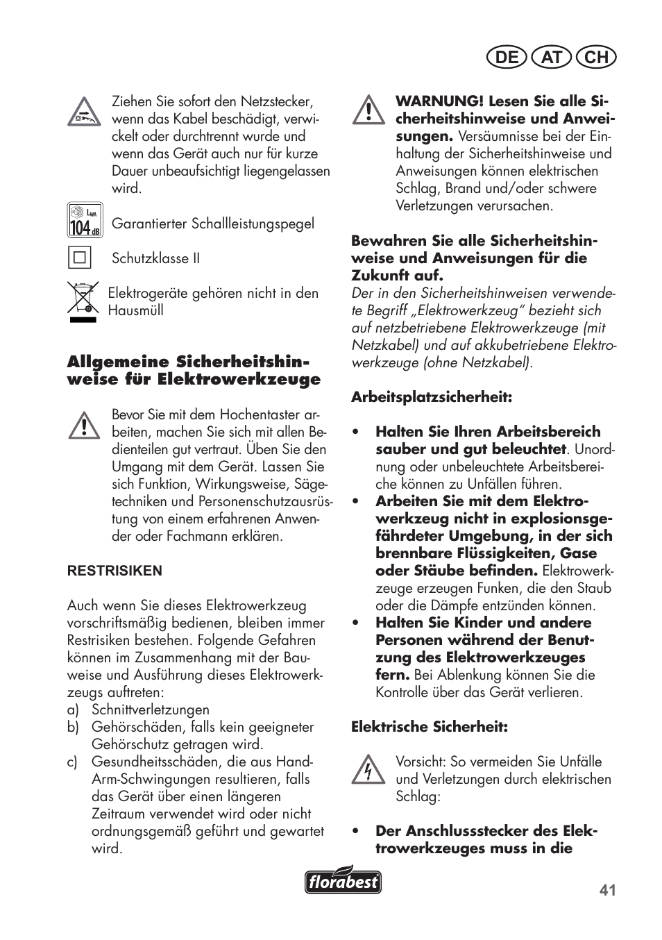 De at ch | Florabest FHE 550 B2 User Manual | Page 41 / 76