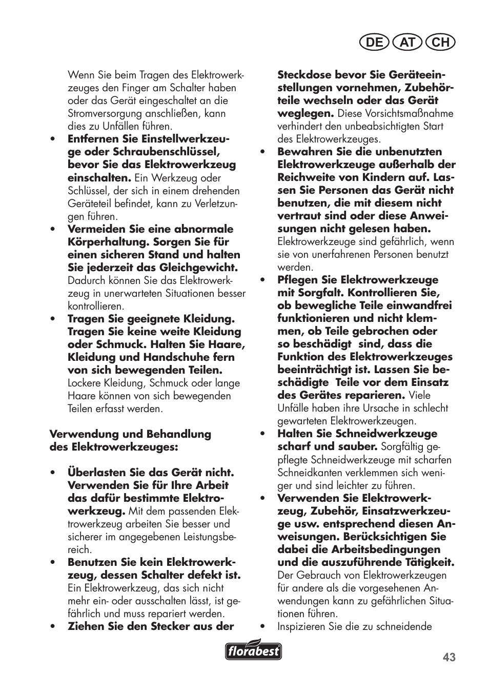 De at ch | Florabest FHE 550 B2 User Manual | Page 43 / 76