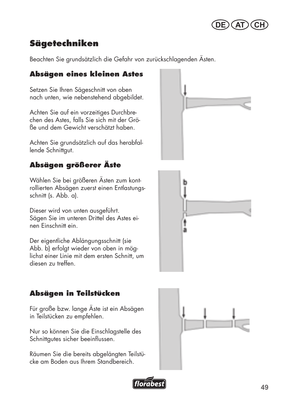 Sägetechniken, De at ch | Florabest FHE 550 B2 User Manual | Page 49 / 76
