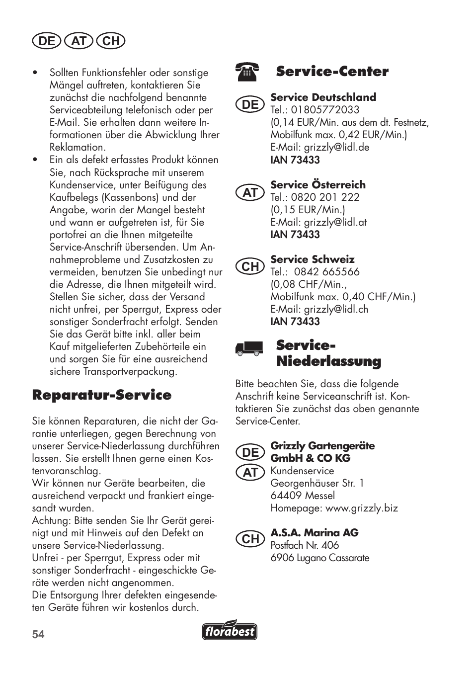 Service-center, Service- niederlassung, Reparatur-service | De at ch, De at at ch ch | Florabest FHE 550 B2 User Manual | Page 54 / 76