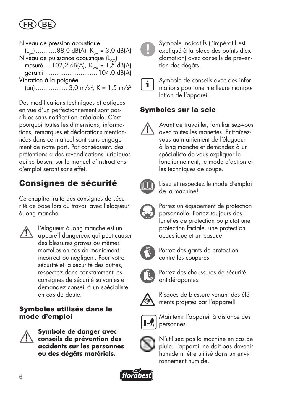 Consignes de sécurité, Fr be | Florabest FHE 550 B2 User Manual | Page 6 / 76