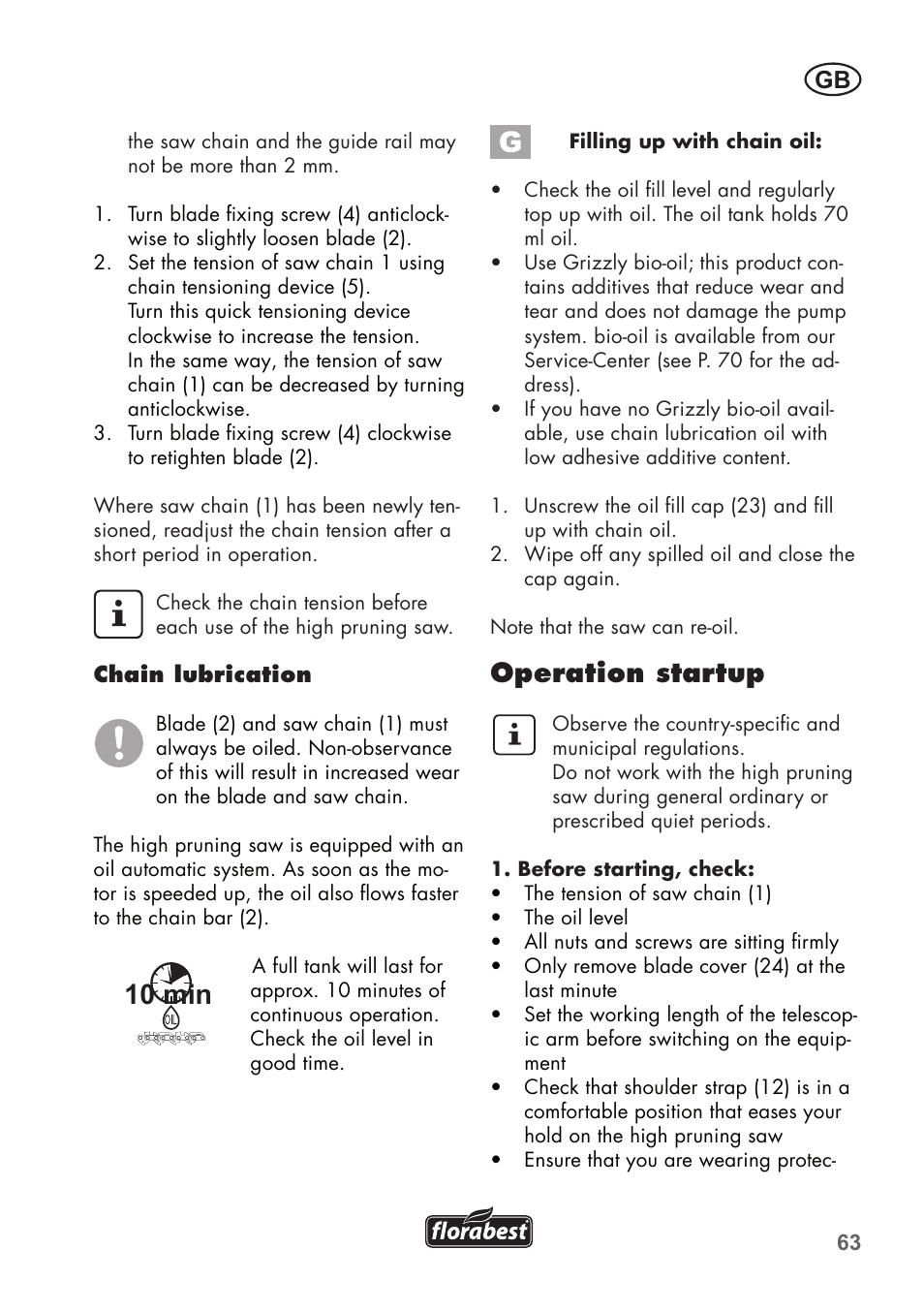 10 min, Operation startup | Florabest FHE 550 B2 User Manual | Page 63 / 76