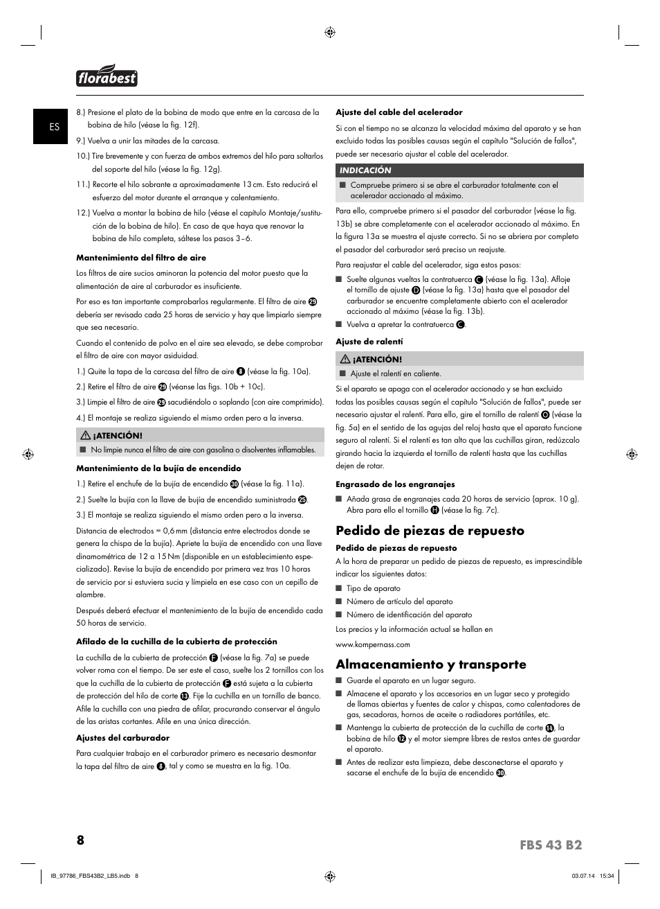 8fbs 43 b2, Pedido de piezas de repuesto, Almacenamiento y transporte | Florabest FBS 43 B2 User Manual | Page 13 / 56