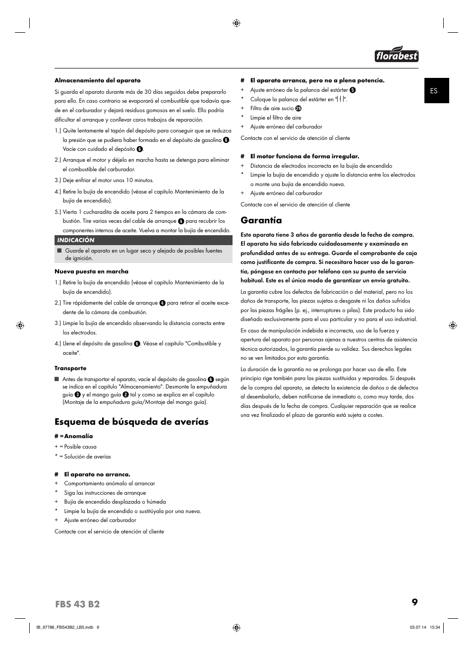 9fbs 43 b2, Esquema de búsqueda de averías, Garantía | Florabest FBS 43 B2 User Manual | Page 14 / 56