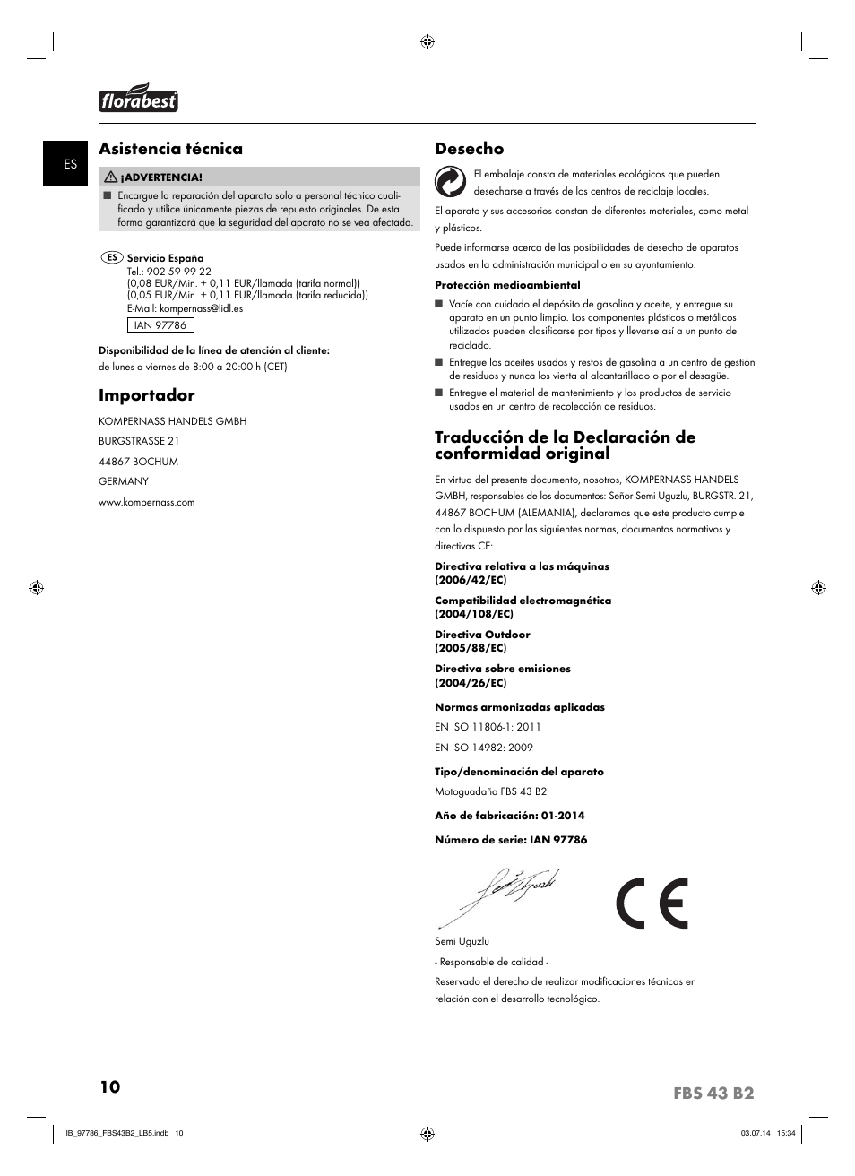 Asistencia técnica, Importador, Desecho | Florabest FBS 43 B2 User Manual | Page 15 / 56