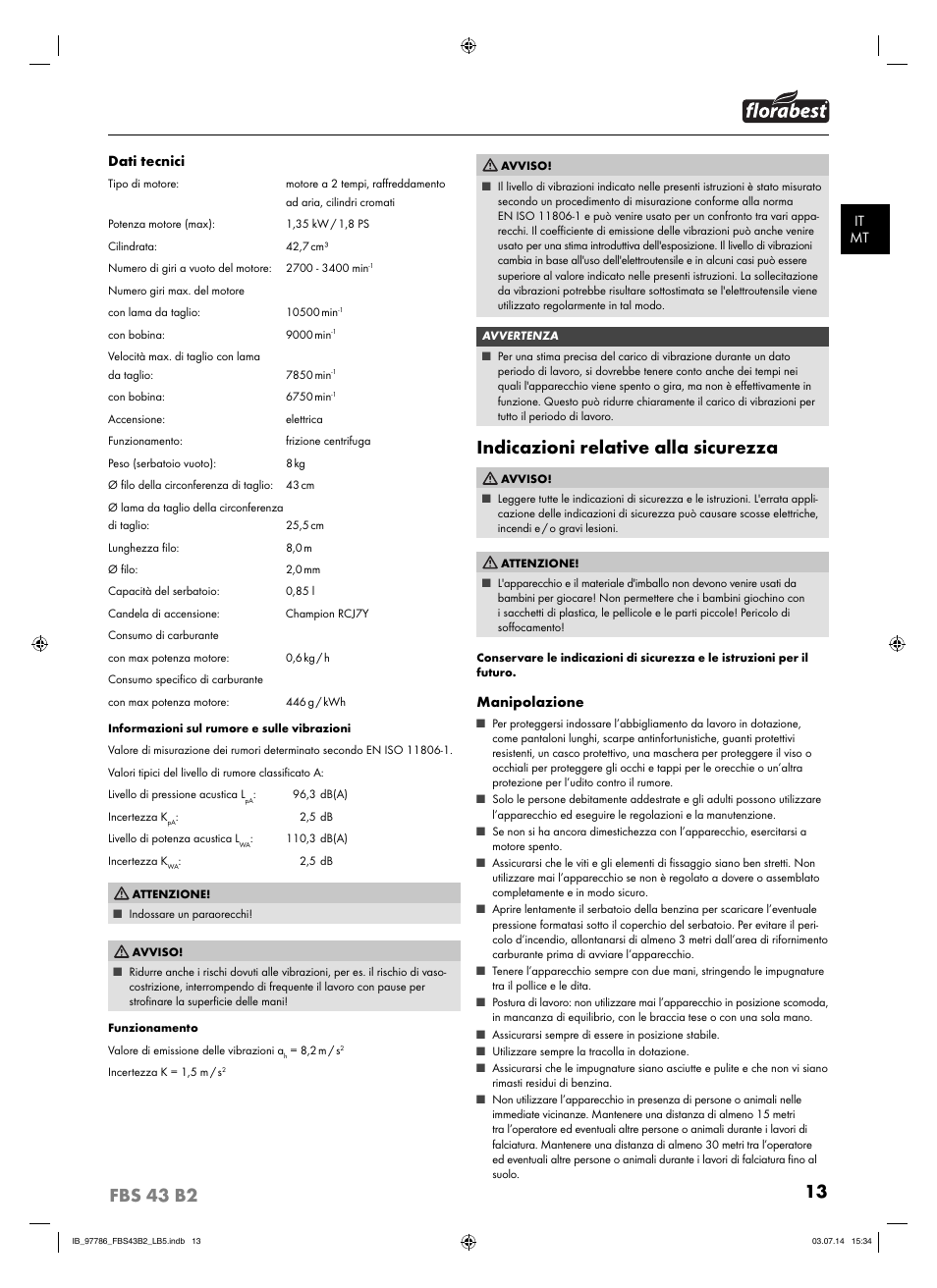 Indicazioni relative alla sicurezza | Florabest FBS 43 B2 User Manual | Page 18 / 56