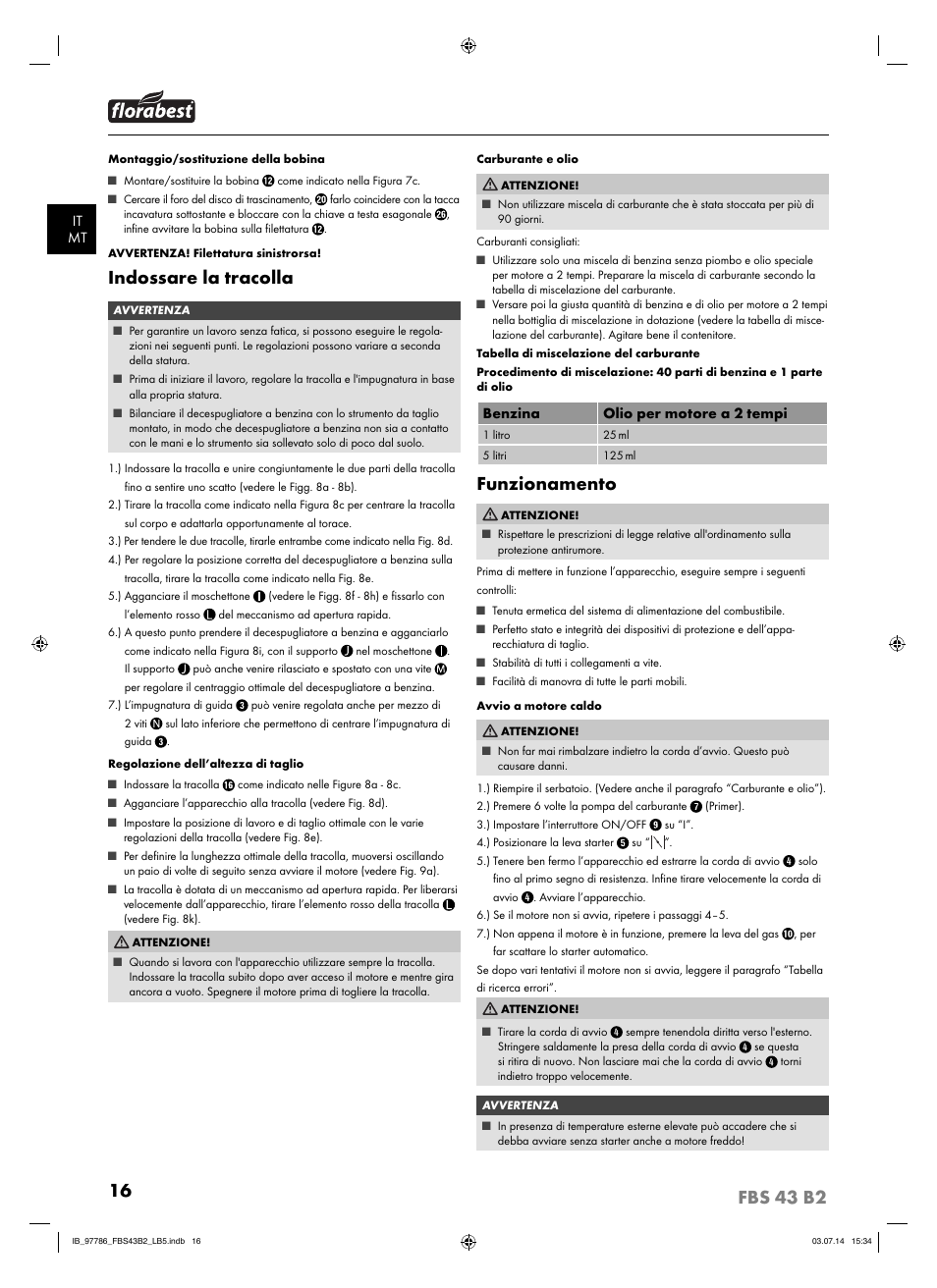 Indossare la tracolla, Funzionamento | Florabest FBS 43 B2 User Manual | Page 21 / 56